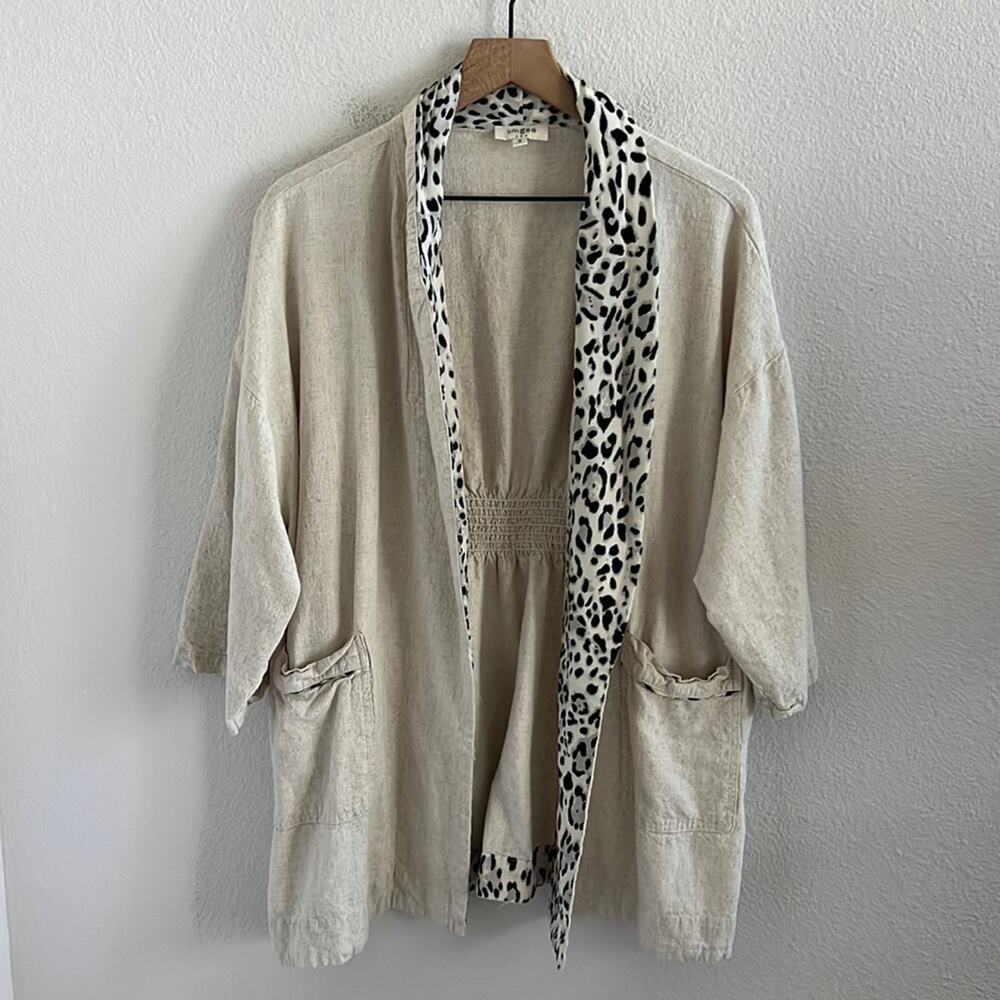 Umgee Cream Linen Leopard Kimono Sweater Top Open Front Roll Sleeve Medium